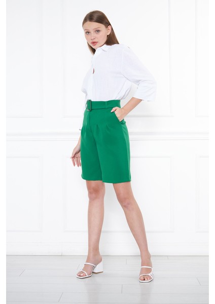 Kadın Beli Kemerli Yüksek Bel Benetton Yeşili Şort