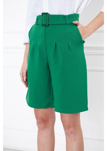 Kadın Beli Kemerli Yüksek Bel Benetton Yeşili Şort
