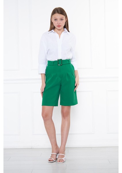 Kadın Beli Kemerli Yüksek Bel Benetton Yeşili Şort