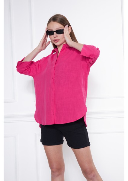 Kadın Fuşya Renk Yarasa Kol Keten Gömlek fiyatları