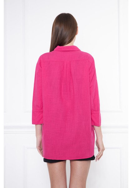 Kadın Fuşya Renk Yarasa Kol Keten Gömlek modelleri