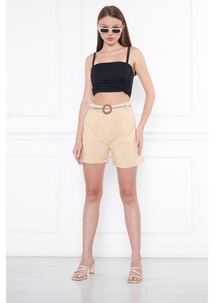 Kadın Beli Kemerli Keten Şort Taş Renk