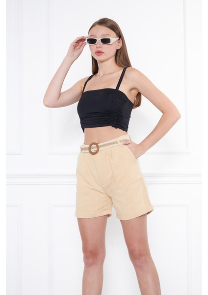 Kadın Beli Kemerli Keten Şort Taş Renk fiyatları