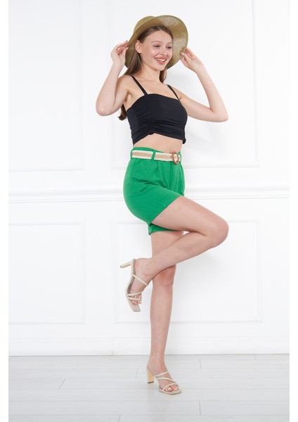 Kadın Beli Kemerli Keten Şort Benetton Yeşili fiyatları