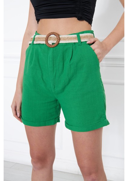 Kadın Beli Kemerli Keten Şort Benetton Yeşili modelleri