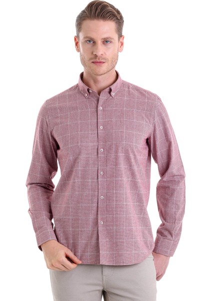 Bordo Comfort Fit Desenli Pamuklu Uzun Kol Casual Gömlek modelleri