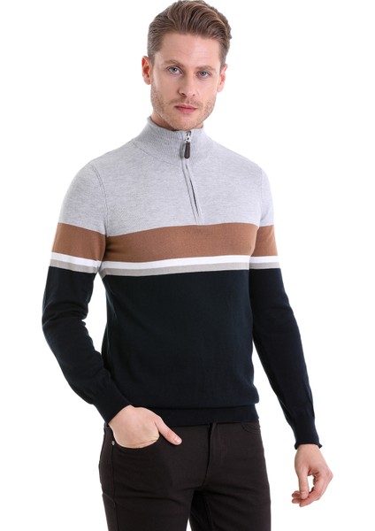 Lacivert Regular Fit Çizgili Yarım Balıkçı Yaka Pamuklu Casual Triko Kazak fiyatları