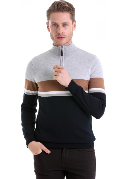 Lacivert Regular Fit Çizgili Yarım Balıkçı Yaka Pamuklu Casual Triko Kazak modelleri