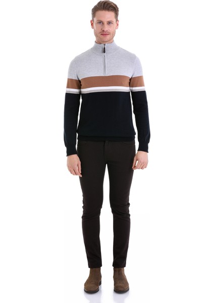 Lacivert Regular Fit Çizgili Yarım Balıkçı Yaka Pamuklu Casual Triko Kazak fırsatları