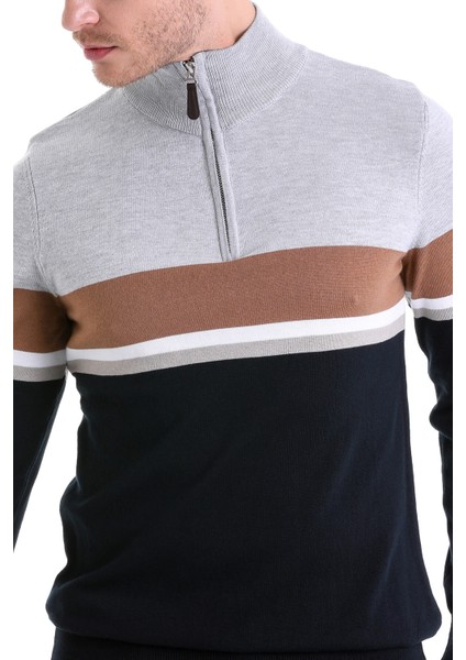 Lacivert Regular Fit Çizgili Yarım Balıkçı Yaka Pamuklu Casual Triko Kazak indirimleri