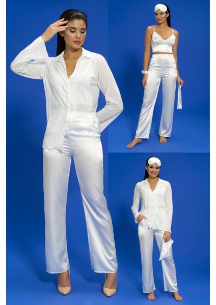 6'lı Pliseli Ekru Bustiyerli Pijama Takım S27571
