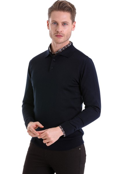 Lacivert Regular Fit Düz Polo Yaka Yünlü Klasik Triko Kazak