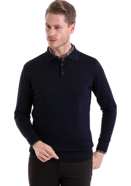 Lacivert Regular Fit Düz Polo Yaka Yünlü Klasik Triko Kazak fiyatları