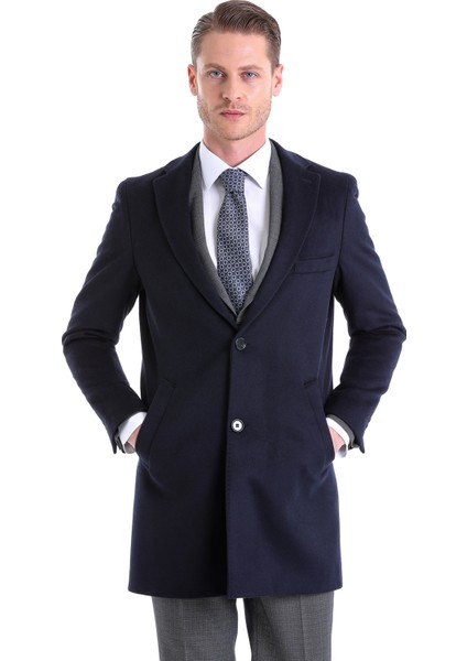 Lacivert Slim Fit Düz Mono Yaka Yünlü Kaşe Palto