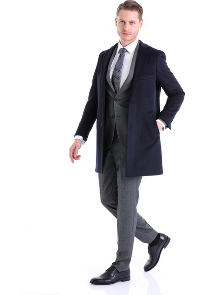 Lacivert Slim Fit Düz Mono Yaka Yünlü Kaşe Palto modelleri