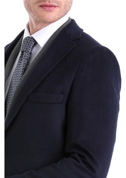 Lacivert Slim Fit Düz Mono Yaka Yünlü Kaşe Palto indirimleri