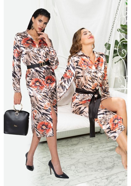 Saten Kırmızı Çiçek Desenli Elbise