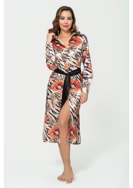 Saten Kırmızı Çiçek Desenli Elbise modelleri