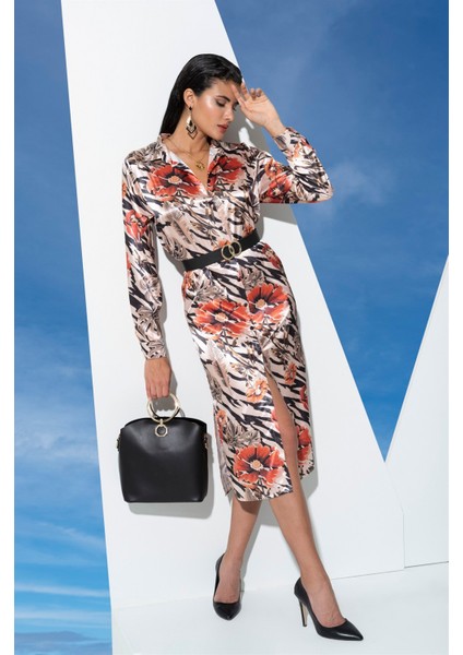 Saten Kırmızı Çiçek Desenli Elbise fırsatları