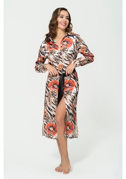 Saten Kırmızı Çiçek Desenli Elbise indirimleri