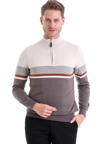 Vizon Regular Fit Çizgili Yarım Balıkçı Yaka Pamuklu Casual Triko Kazak