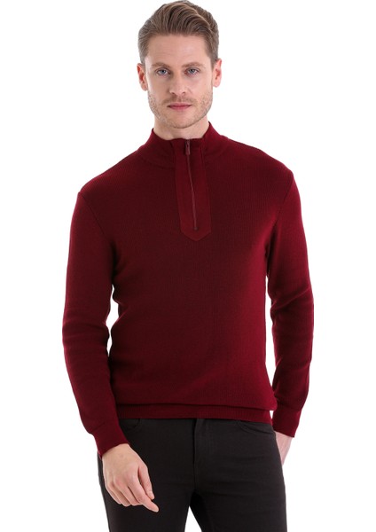 Bordo Regular Fit Düz Yarım Balıkçı Yaka Pamuklu Casual Triko Kazak