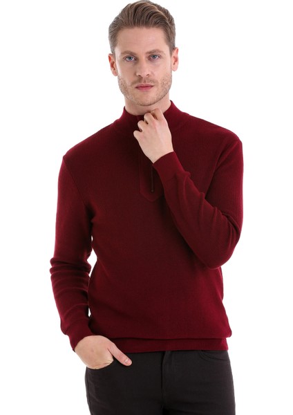 Bordo Regular Fit Düz Yarım Balıkçı Yaka Pamuklu Casual Triko Kazak