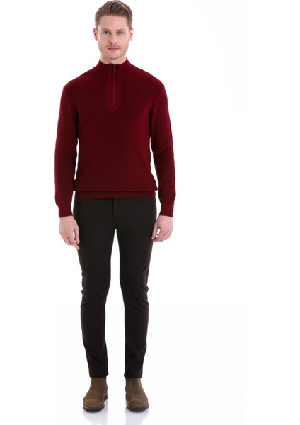 Bordo Regular Fit Düz Yarım Balıkçı Yaka Pamuklu Casual Triko Kazak