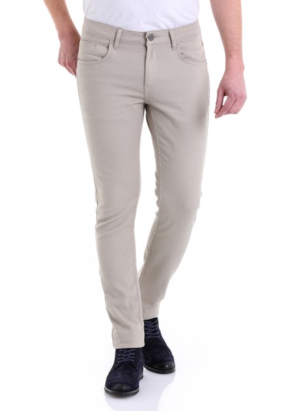 Bej Slim Fit Desenli 5 Cep Düşük Bel Kanvas Pantolon
