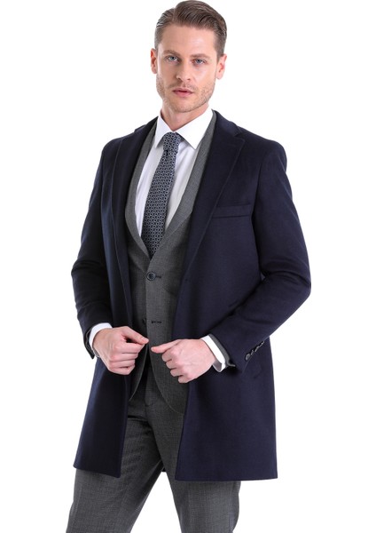 Lacivert Slim Fit Düz Mono Yaka Yünlü Kaşe Palto fiyatları