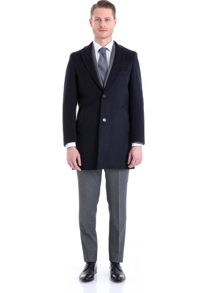 Lacivert Slim Fit Düz Mono Yaka Yünlü Kaşe Palto fırsatları