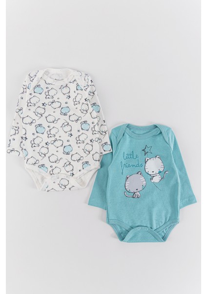 Kedi Figürlü 2'li Kız/erkek Bebek Çıt Çıtlı Body Zıbın Takımı