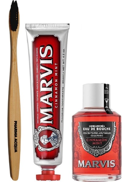 Bambu Diş Fırçası + Marvis Cinnamon Mint Diş Macunu 85 ml + Ağız Gargarası 120 ml