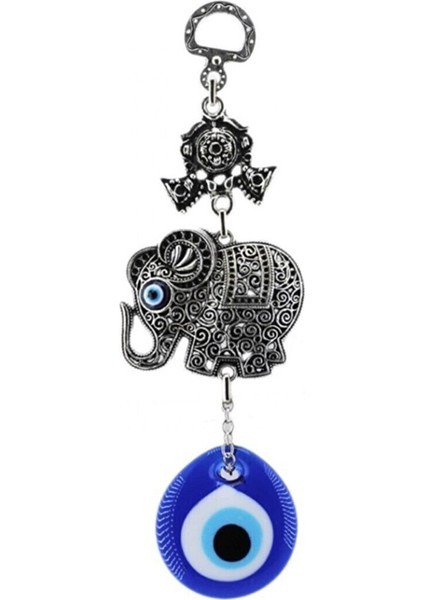 Cam Nazar Boncuklu Metal Duvar Süsü Tekli Fil Desenli Kapı Süsü 17X6 cm