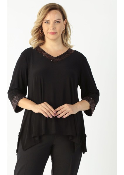 1931 Bakır Kol ve Yaka Parlak Detay Büyük Beden Bluz