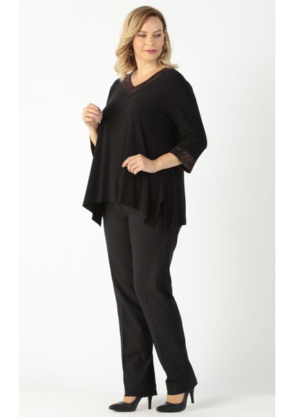 1931 Bakır Kol ve Yaka Parlak Detay Büyük Beden Bluz modelleri