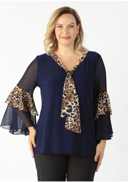 4039 Lacivert/leopar Volan Kollu Büyük Beden Bluz