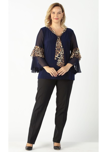 4039 Lacivert/leopar Volan Kollu Büyük Beden Bluz
