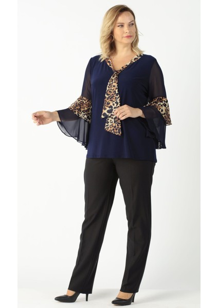 4039 Lacivert/leopar Volan Kollu Büyük Beden Bluz