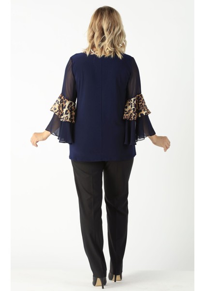 4039 Lacivert/leopar Volan Kollu Büyük Beden Bluz