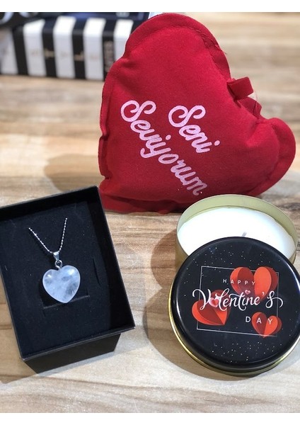 14 Şubat Sevgililer Günü Hediyesi Aşk Love Seti Kalpli Doğal Taş Kolye Baskılı Mum Kalpli Yastık