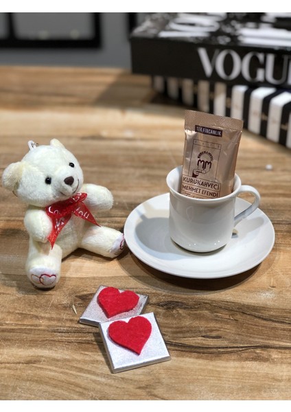 14 Şubat Sevgililer Gününe Özel Peluş Anahtarlık,tek Içimlik Kahve ve Kahve Fincanı