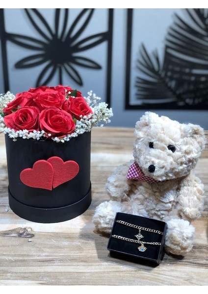 Gül Kutusu, Peluş Ayıcık ve 2 Li Zincir Bileklik 14 Şubat Sevgililer Günü Hediyesi En Özel Hediye