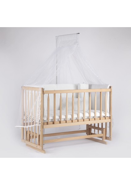 Full Organik Ahşap Beşik Anne Yanı Sallanır Beşik 60X120CM+BEYAZ Uyku Set+Yatak