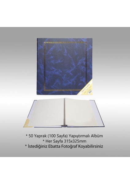 50 Yaprak [100 SAYFA]-31x32 cm Manyetik Yapışkanlı Ciltbezli Fotoğraf Albümü Lacivert