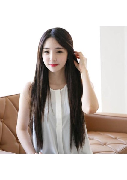 26 Inç Kadın Siyah Uzun Düz Peruk Patlama Yok Saç Uzatma Postiş (Yurt Dışından)