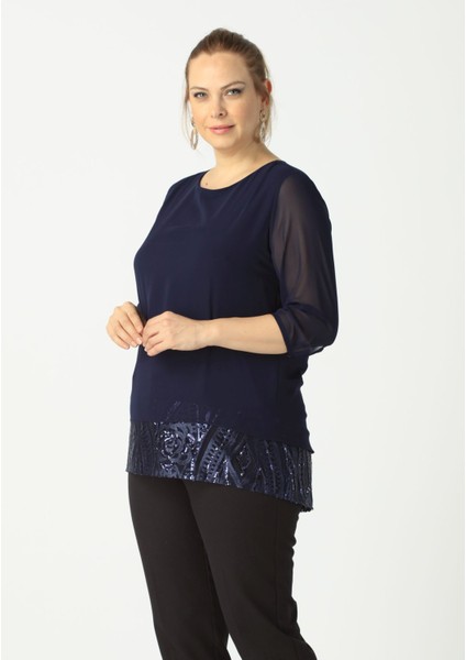 4046 Lacivert Şifon -Payet Dantel Kombinli Büyük Beden Bluz
