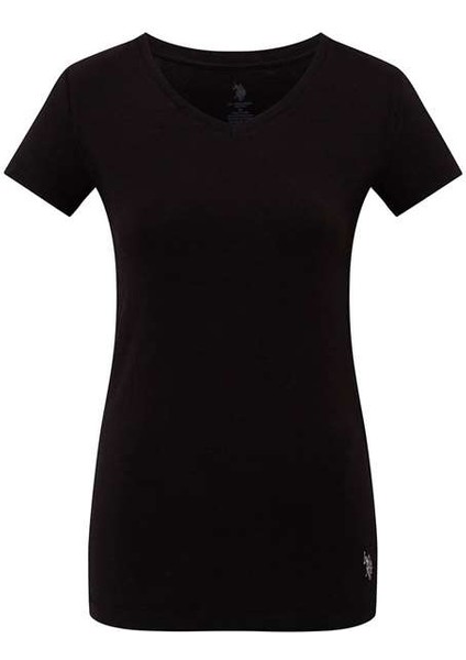 Kadın Siyah Kısa Kollu V Yaka T-Shirt 66004
