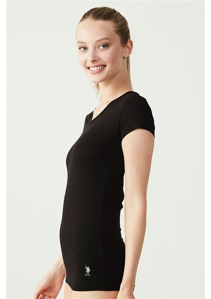 Kadın Siyah Kısa Kollu V Yaka T-Shirt 66004 modelleri