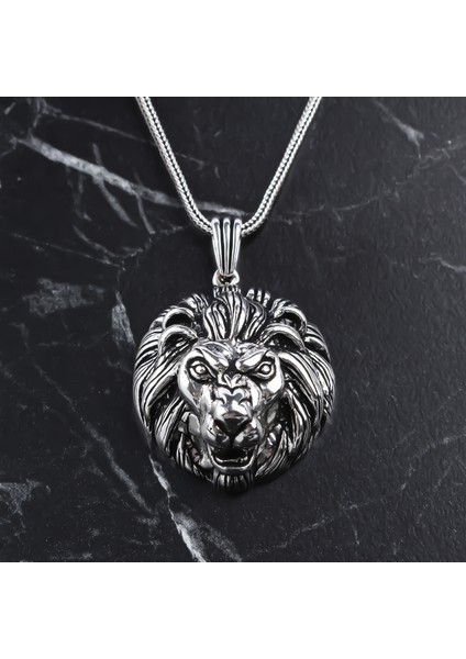 Gümüş Erkek Vahşi Aslan Kolye